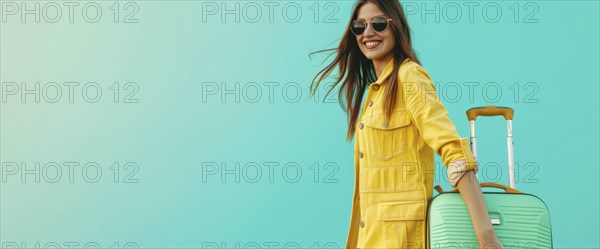 A woman holding a suitcase and smiling. Concept of travel and adventure, AI generated