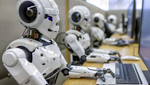 A robot working in the office. Robot artificial intelligence AI takeover. Job replacement, AI generated