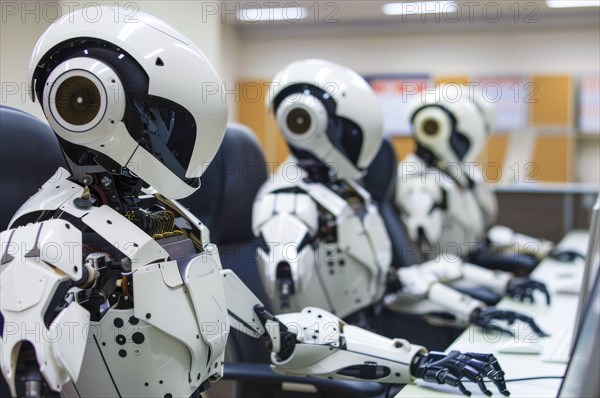 A robot working in the office. Robot artificial intelligence AI takeover. Job replacement, AI generated