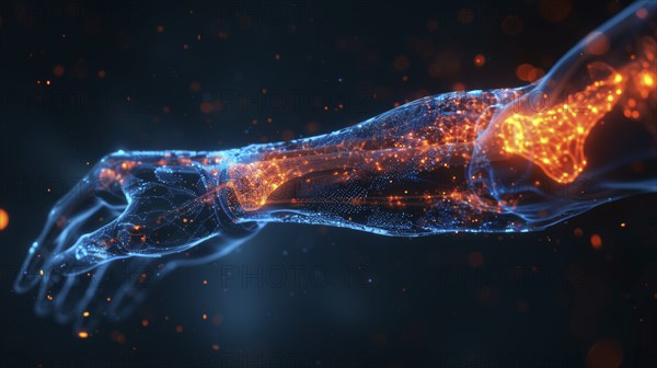 Abstract illustration of an arm composed of glowing blue and orange digital particles on a dark background, AI generated