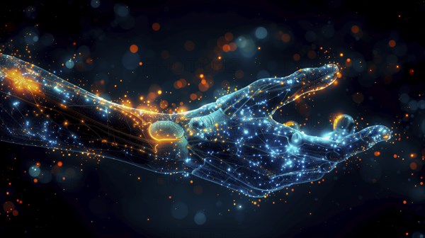 Abstract digital illustration of a hand composed of glowing blue and orange particles set against a dark atmosphere, AI generated