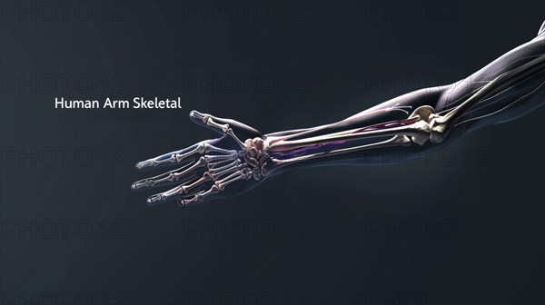 Minimalistic medical illustration of a human arm's skeletal structure on a dark background, AI generated
