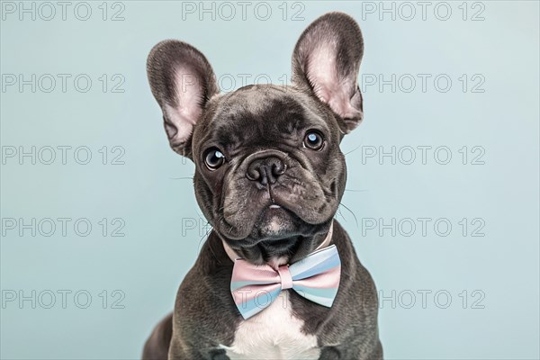 Cute black Frendh Bulldog dog with bow tie in front of blue studio background. Generative Ai, AI generated