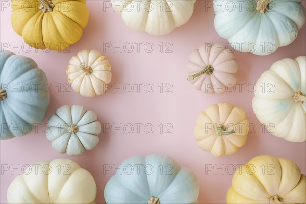 Colorful pumpkins on pastel pink background with copy space. Generative AI, AI generated