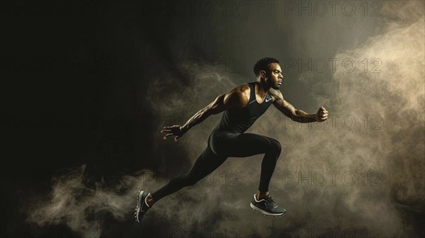 A man leaps against a dark smoky backdrop, demonstrating athletic strength and motion, AI generated