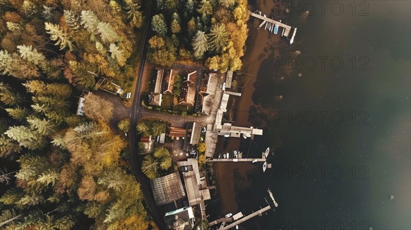 Aerial view of a forest with autumn trees and a calm water body with rustic docks, AI generated