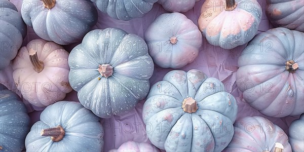Banner with pastel pink and blue muscade pumpkins. Generative AI, AI generated