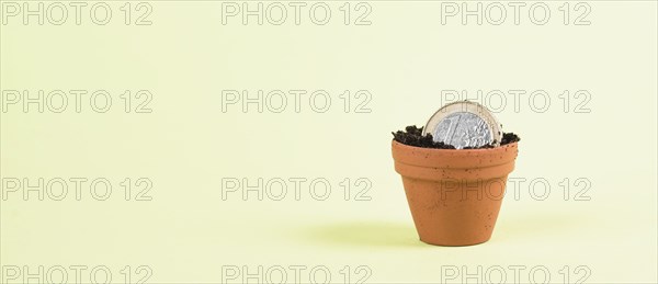 One Euro coin in small flowerpot, money growing, financial planning, profitable investment, hope concept