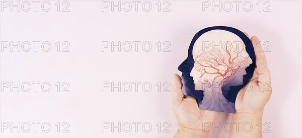 Head with faces looking in different directions, inner conflict with identity, deceitfulness and inside torn personality, psychology concept