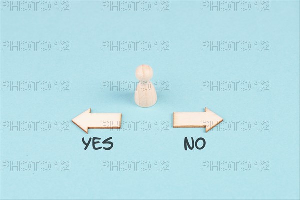 Men stands in front of two arrow with the words yes and no, making a decision, asking questions, looking for an answer