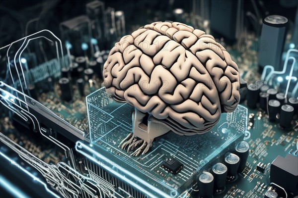 Human brain, connected to circuits of a computer board, symbol artificial intelligence, AI generated, AI generated