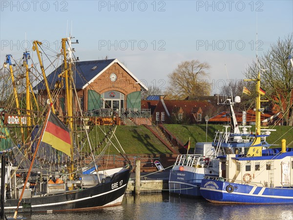 Fishing boats and colourful flags in the harbour, behind reddish houses under a clear sky, greetsiel, east frisia, germany