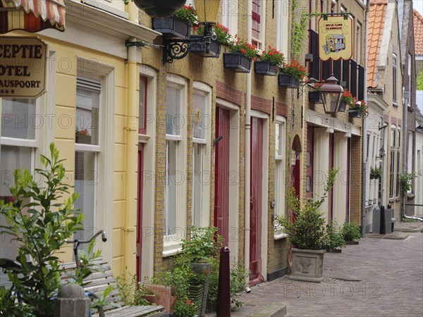 Narrow street with historic brick houses, decorated with flower pots and colourful signs, Delft, Holland, Netherlands
