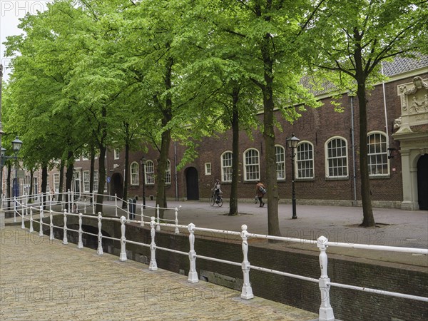 Historic neighbourhood with a bridge over a canal and green trees along the road, Delft, Holland, Netherlands