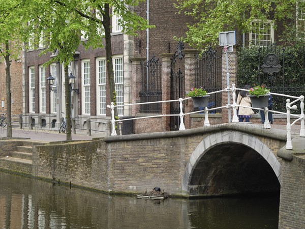 A picturesque bridge over a narrow canal, lined with historic buildings and green plants, Delft, Holland, Netherlands