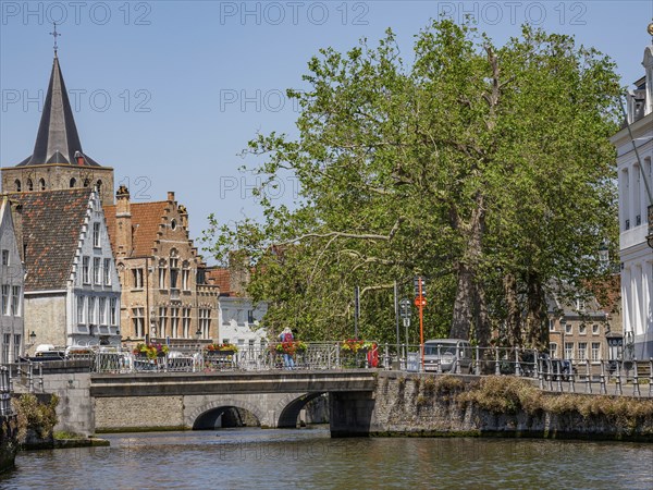 Bridge over a canal with historic buildings and trees in the background under a clear blue sky, Bruges, Flanders, Belgium, Europe