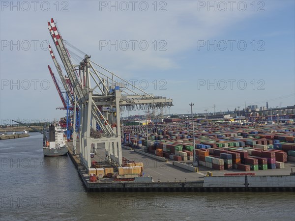 Large cranes in the harbour loading containers, cargo ship at the quay, many containers stacked, Elbe, Hamburg, Northern Germany, Germany, Europe