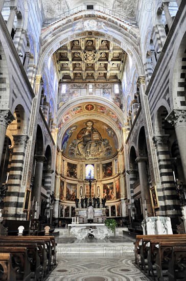 Interior, Cathedral of Santa Maria Assunta, Pisa, Tuscany, Italy, Europe, Magnificent cathedral interior with gold frescoes and imposing ceiling design above the altar, Europe