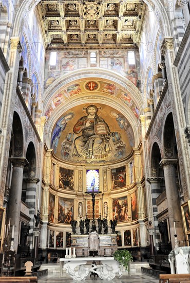 Interior, Cathedral of Santa Maria Assunta, Pisa, Tuscany, Italy, Europe, Church interior with golden frescoes and ornate paintings above a magnificent altar, Europe