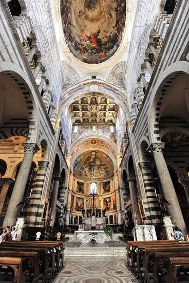 Interior, Cathedral of Santa Maria Assunta, Pisa, Tuscany, Italy, Europe, view of a magnificent church interior with an impressive ceiling fresco and arches, Europe