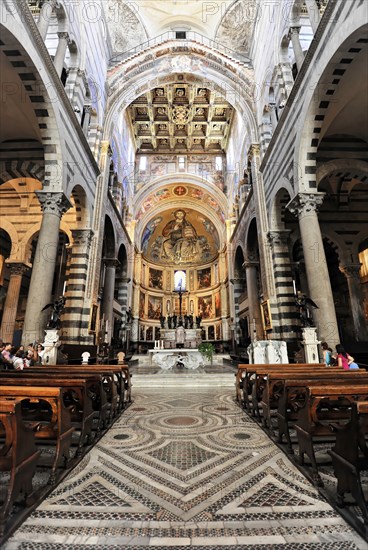 Interior, Cathedral of Santa Maria Assunta, Pisa, Tuscany, Italy, Europe, Sublime church interior with a long corridor and impressive architectural details, Europe