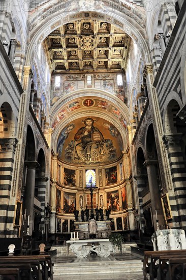 Interior view with altar area, Cathedral of Santa Maria Assunta, Pisa, Tuscany, Italy, Europe, Interior view of the cathedral of Pisa with magnificent works of art, detailed ceiling and wall paintings, Europe