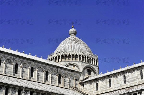 UNESCO World Heritage Site, Pisa, Tuscany, Italy, Europe, Roof and dome of Pisa Cathedral, distinct architectural details under a bright blue sky, Europe