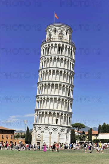 UNESCO World Heritage Site, Pisa, Tuscany, Italy, Europe, The Leaning Tower of Pisa, a famous Italian landmark, surrounded by tourists under a clear blue sky, Europe