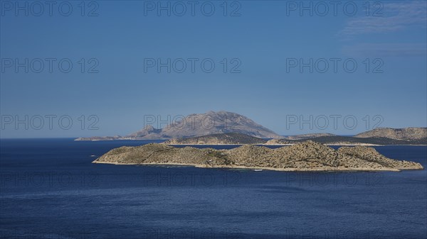 View of an island in the blue sea, surrounded by clear skies and wide expanses of water, Makri Island, Alimia Island, Chalki Island, Kritinia Castle, St John's Castle, Kritinia, Rhodes, Dodecanese, Greek Islands, Greece, Europe