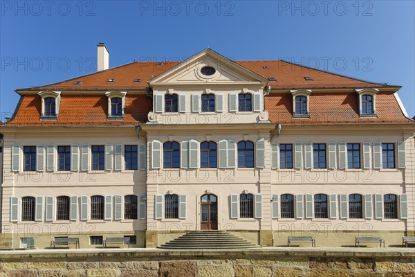 Stadionsche Schloss Bönnigheim, building, architecture, historical building, late baroque style, master builder Anton Haaf, built in 1756 on behalf of Imperial Count Anton Heinrich Friedrich von Stadion, Minister and Chancellor of the Archbishop and Elector of Mainz, small country palace, summer residence, windows, white shutters, roof, south side, Bönnigheim, Ludwigsburg district, Baden-Württemberg, Germany, Europe