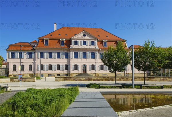 Stadionsche Schloss Bönnigheim, building, architecture, historical building, late baroque style, master builder Anton Haaf, built in 1756 on behalf of Imperial Count Anton Heinrich Friedrich von Stadion, Minister and Chancellor of the Archbishop and Elector of Mainz, small country palace, summer residence, windows, white shutters, roof, south side, Bönnigheim, Ludwigsburg district, Baden-Württemberg, Germany, Europe
