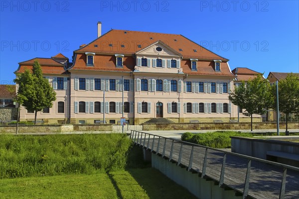 Stadionsche Schloss Bönnigheim, building, architecture, historical building, late baroque style, master builder Anton Haaf, built in 1756 on behalf of Imperial Count Anton Heinrich Friedrich von Stadion, Minister and Chancellor of the Archbishop and Elector of Mainz, small country palace, summer residence, windows, white shutters, roof, south side, Bönnigheim, Ludwigsburg district, Baden-Württemberg, Germany, Europe