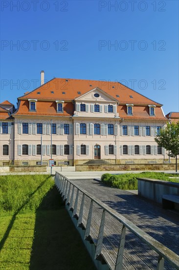 Stadionsche Schloss Bönnigheim, building, architecture, historical building, late baroque style, master builder Anton Haaf, built in 1756 on behalf of Imperial Count Anton Heinrich Friedrich von Stadion, Minister and Chancellor of the Archbishop and Elector of Mainz, small country palace, summer residence, windows, white shutters, roof, south side, Bönnigheim, Ludwigsburg district, Baden-Württemberg, Germany, Europe