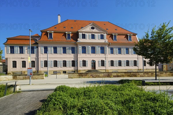 Stadionsche Schloss Bönnigheim, building, architecture, historical building, late baroque style, master builder Anton Haaf, built in 1756 on behalf of Imperial Count Anton Heinrich Friedrich von Stadion, Minister and Chancellor of the Archbishop and Elector of Mainz, small country palace, summer residence, windows, white shutters, roof, south side, Bönnigheim, Ludwigsburg district, Baden-Württemberg, Germany, Europe