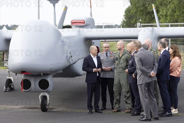 Olaf Scholz (Chancellor of the Federal Republic of Germany, SPD) in front of an IAI Heron TP drone from Airbus and IAI (Israel Aerospace Industries) during the opening tour of the International Aerospace Exhibition at Berlin ExpoCenter Airport, Berlin, 05.06.2024