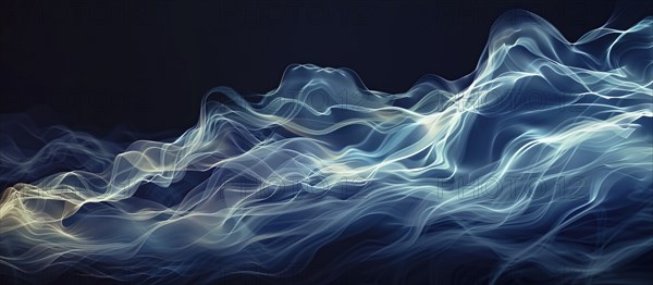 Abstract digital art with blue and white flowing waves creating an ethereal and serene atmosphere, AI generated