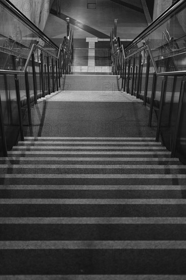 Stairs to the underground, black and white, Cologne, Germany, Europe