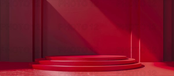 Serene and elegant minimalist red stage with tiered elements, illuminated by natural sunlight creating soft shadows, AI generated
