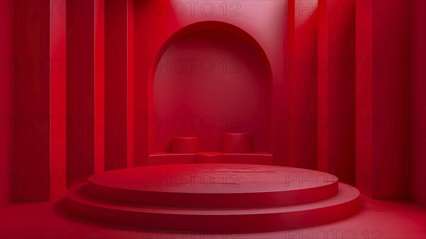 A circular stage in front of an arched backdrop bathed in solid red lighting, creating a minimalist and vibrant futuristic atmosphere, AI generated