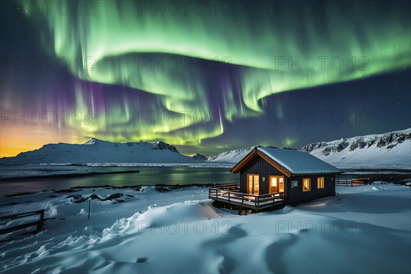 Aurora borealis illuminating snow covered fjord landscape with a wooden cabin in vibrant hues, AI generated