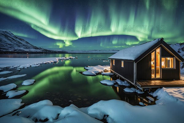Aurora borealis illuminating snow covered fjord landscape with a wooden cabin in vibrant hues, AI generated