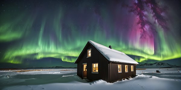 Aurora borealis illuminating snow covered fjord landscape with a wooden cabin in vibrant hues, AI generated
