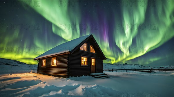 Aurora borealis illuminating snow covered fjord landscape with a wooden cabin in vibrant hues, AI generated