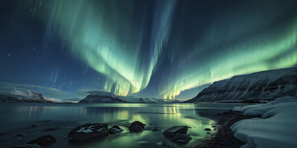 Aurora borealis illuminating snow covered fjord landscape in vibrant hues, AI generated