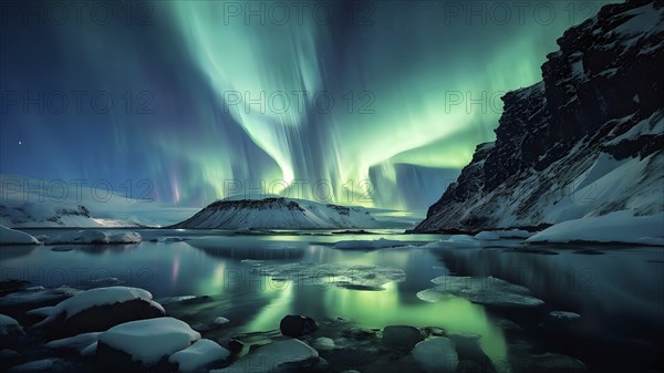 Aurora borealis illuminating snow covered fjord landscape in vibrant hues, AI generated