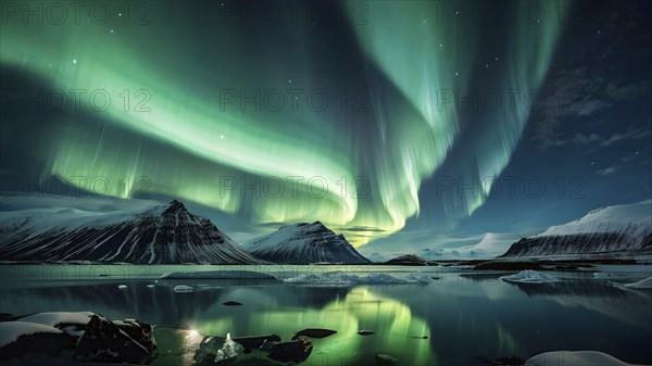 Aurora borealis illuminating snow covered fjord landscape in vibrant hues, AI generated