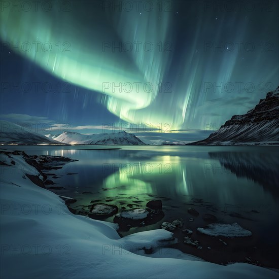 Aurora borealis illuminating snow covered fjord landscape in vibrant hues, AI generated