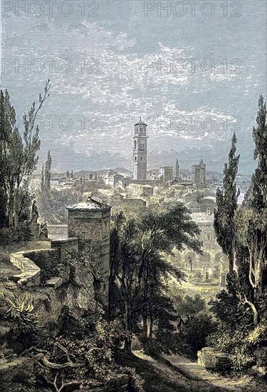 Part of the Giardino Giusti in Verona, view of the city from a hill, Italy, digital reproduction of an original from the 19th century, original date unknown, Europe