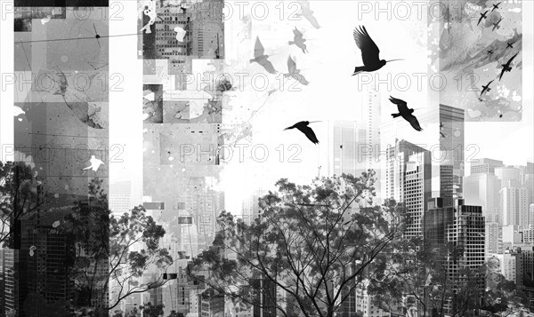 Surreal monochrome artwork featuring birds, cityscape, and trees with a focus on vertical elements AI generated