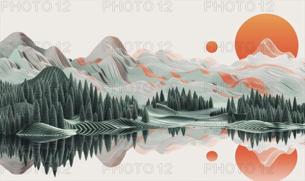 Surreal landscape with mountains and trees reflecting in a lake at sunset, creating a serene atmosphere AI generated